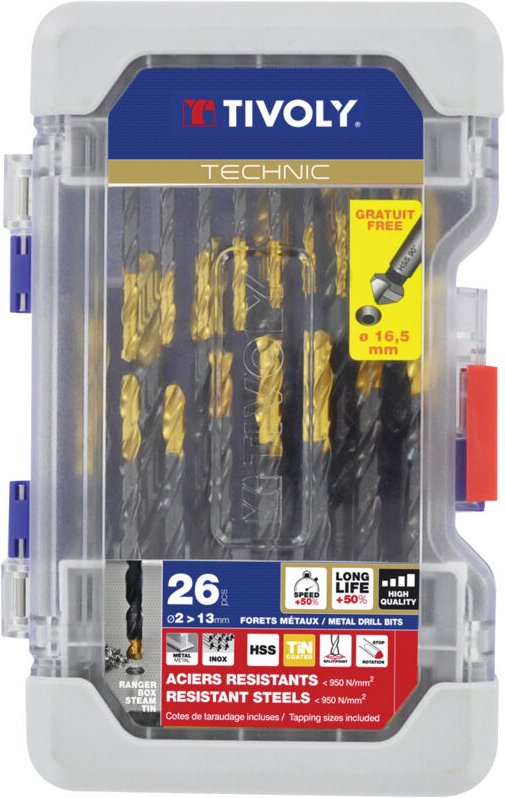 Thumbnail - Tivoly • Ranger-Box mit 26 Technic HSS-Dampfblech-Metallbohrern mit ø2 bis 13 mm