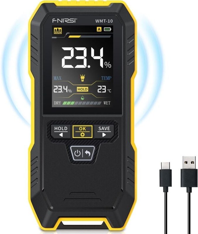 WMT-10 Wiederaufladbares Holzfeuchtemessgerät, stiftloses Feuchtigkeitsmessgerät für Holz, Wände, Brennholz, unterstützt...