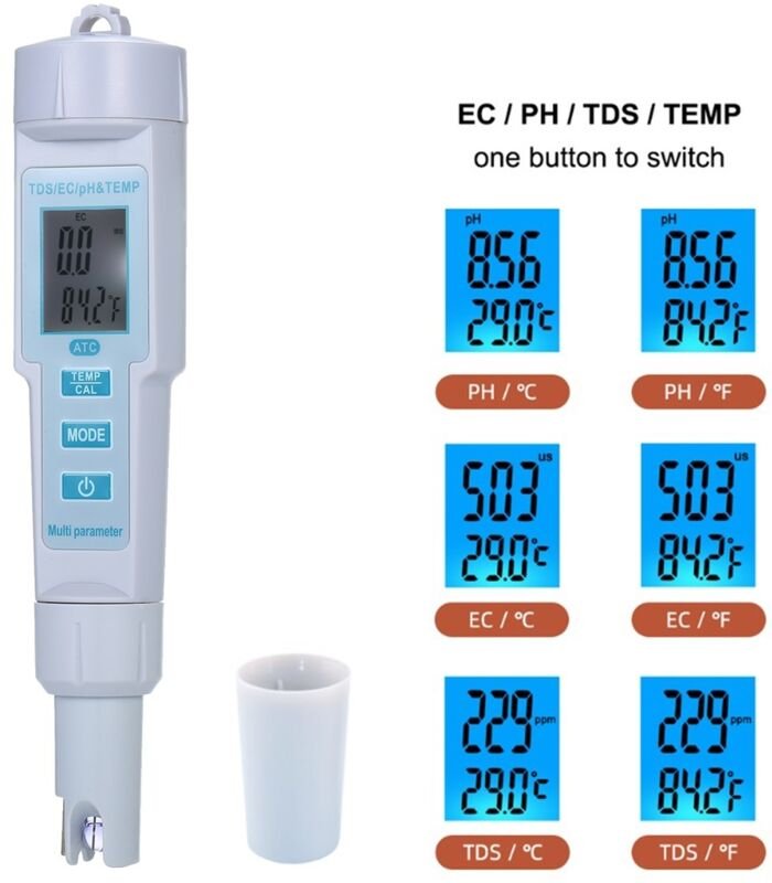 Ej.life - 4-in-1-Digital-pH-/EC-/TDS-/Temperaturmessgerät und -Tester, 0,01 ph, hochpräziser Wasserqualitätstester für T...
