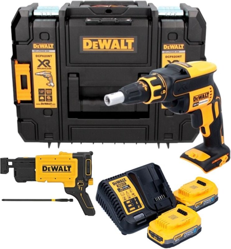 DeWalt DCF 620 E2T Akku Trockenbauschrauber 18 V 30 Nm Brushless + 2x Powerstack Akku 1,7 Ah + Ladegerät + TSTAK