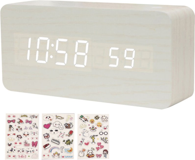 Sveglia digitale in legno, 8 livelli di luminosità, display a LED per ora/data/temperatura, volume regolabile, modalità ...