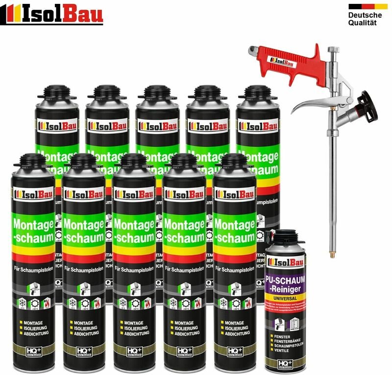 Isolbau - set Pistolenschaum 10 x 750 ml +1 Metall Schaumpistole +1 Reiniger Montageschaum