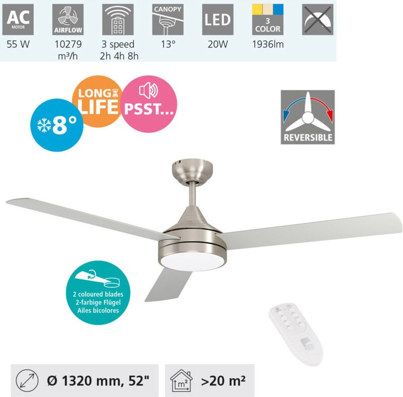 Deckenventilator sesimbra, 3 Flügel Ventilator mit Licht, nickel, Wendeflügel aus Holz Eiche oder silber, Fernbedienung,...