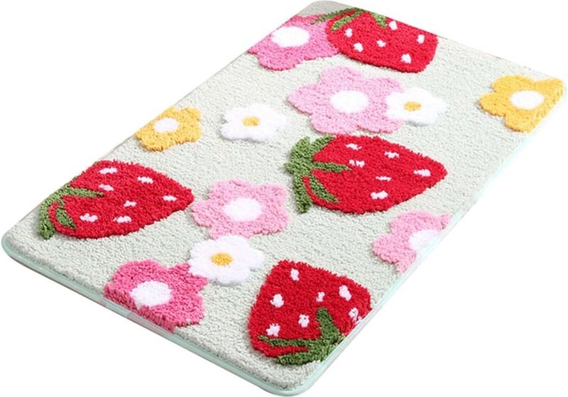 Weiche, rutschfeste Mikrofaser-Badematte mit Erdbeerblumenmuster. Maschinenwaschbar.