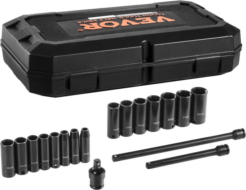 3/8 Zoll Antriebs-Schlagsteckschlüsselsatz 18-teiliger tiefer Steckschlüsselsatz metrisch 8–22 mm, 6 Kant CR-V-Legierung...