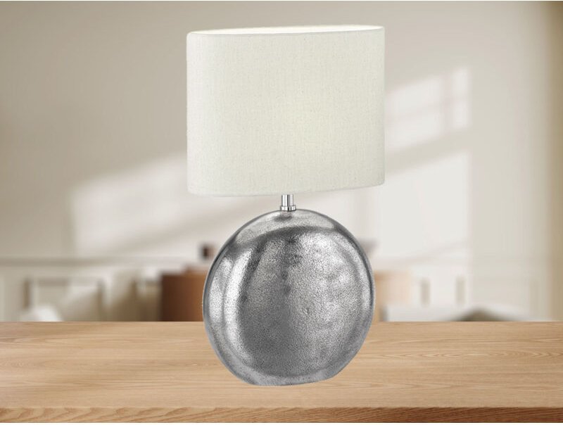 Meinewunschleuchte - led Tischlampe mit Metallfuß Silber Antik & Leinenschirm Beige, Höhe 53cm