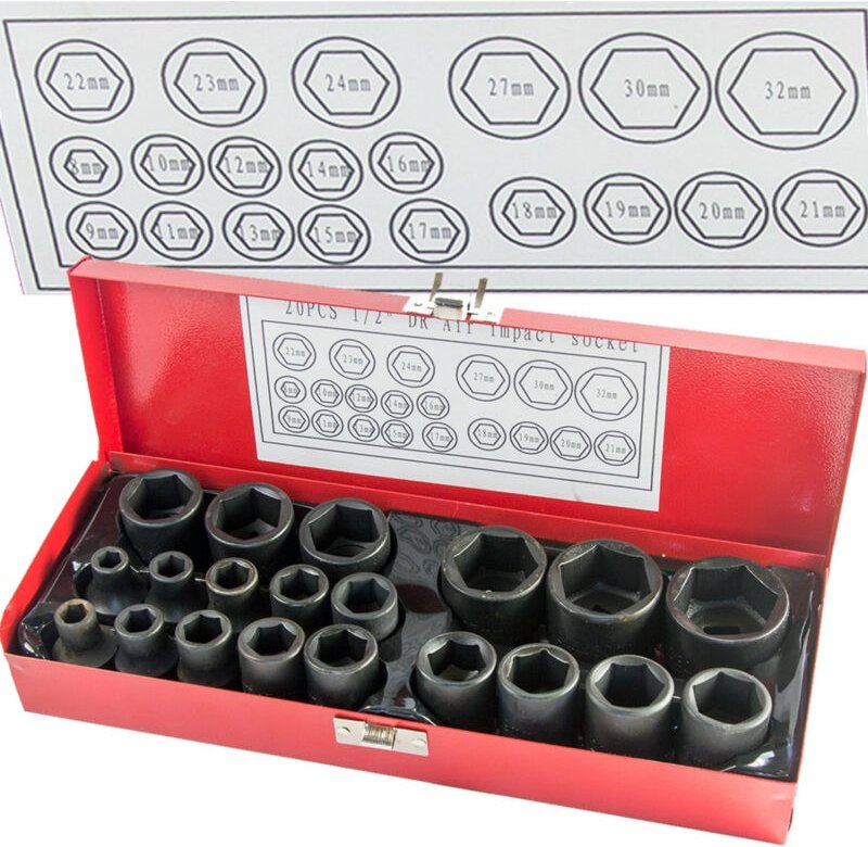 Trade Shop - BUCHSEN FÜR DRUCKLUFT-SCHRAUBENDREHER SATZ 20 STÜCK 1/2" 8-32MM -