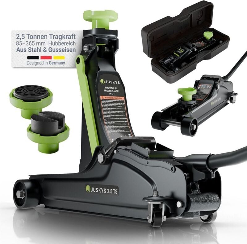 Juskys Wagenheber 2,5 t – Schwarz/Grün, hydraulischer Rangierwagenheber aus Stahl, 85-390mm - mit Transportbox, Auflagen...