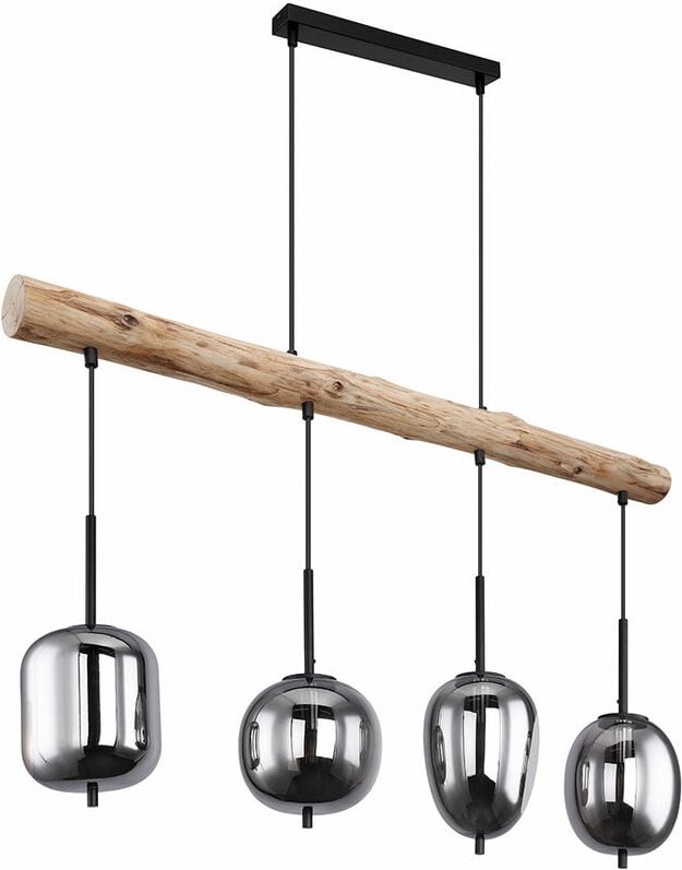 Hängelampe Holzlampe 4 flammig Glasschirm rauchfarben Pendelleuchte Hängeleuchte Wohnzimmerlampe, Metall Glas, schwarz n...