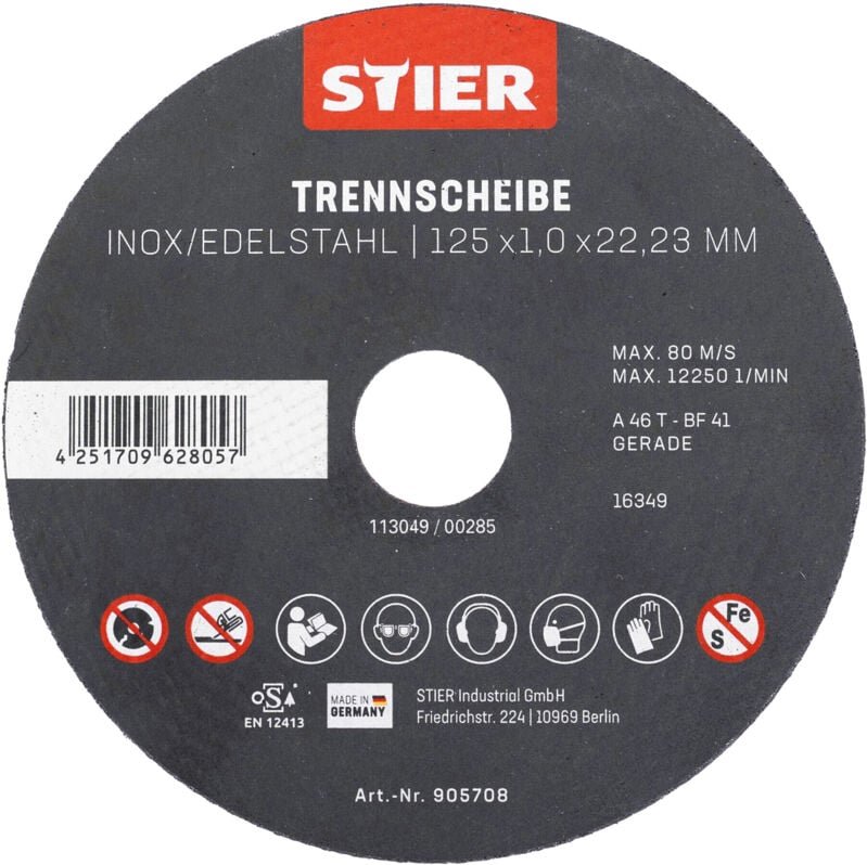 Thumbnail - STIER Trennscheibe Edelstahl 125 x 1,0 x 22,23 mm, Form gerade