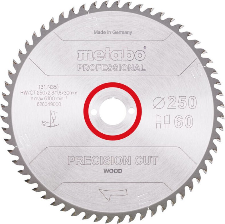 Metabo - Sägeblatt precision cut wood - professional 250x2,8/1,8x30, Z60, Spanwinkel 15°, Wechselzahn