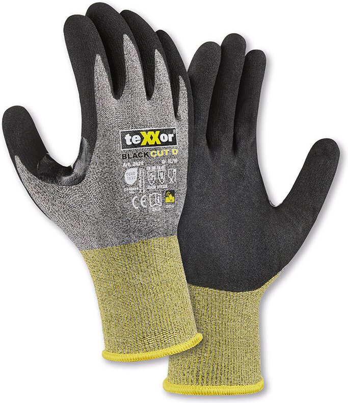 teXXor® Schnittschutz-Strickhandschuhe CUT D, Grau-meliert/Gelb/Schwarz