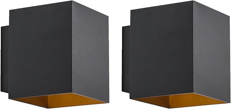 2er-Set Design-Wandleuchten schwarz und gold quadratisch - Sola