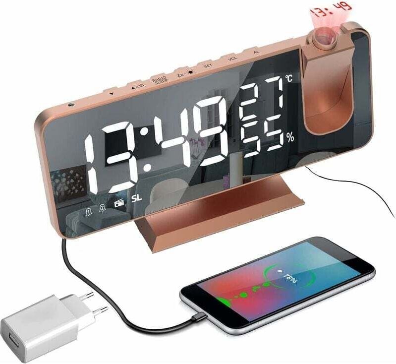 Famille - gabrielle Radiowecker, Deckenprojektion, 180°-Projektor, Radiowecker, mit Adapter, Digitaluhr mit 7-Zoll-LED-S...