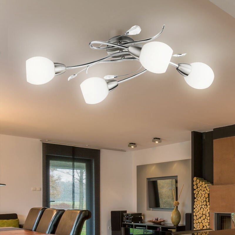Thumbnail - Globo - Deckenlampe Deckenleuchte Wohnzimmerlampe Spotlampe Spotleuchte, 4 Flammig, Dekorblätter Glas opal Chrom, E14 Fa...