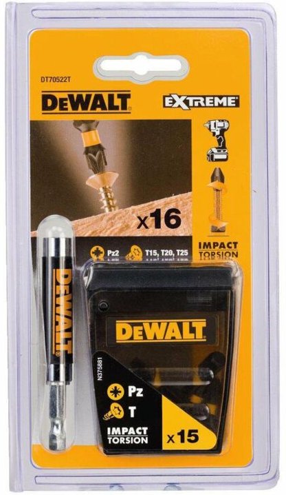 Set mit 15 Schlagbohrern TX15, TX20, TX25, PZ2-Adapter 1/4" Dewalt DT70522T-QZ