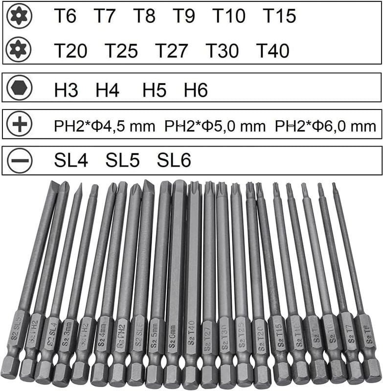Longziming - 21-teilige Schraubendreher-Bits, 100 mm langer magnetischer Schraubendreher-Bit, Torx T6-T40, Sechskant 3 m...