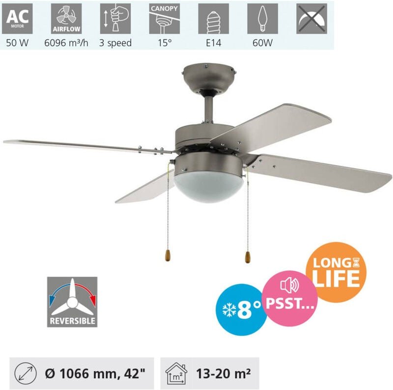 Deckenventilator Gelsina, 4 Flügel Ventilator mit Zugkette, Beleuchtung und Sommer Winter Betrieb, Flügelmaterial mdf in...
