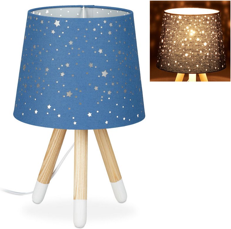 Tischlampe Kinderzimmer, Nachttischlampe für Jungen, E14, runder Stoffschirm mit Sternen, 40 cm hoch, blau - Relaxdays