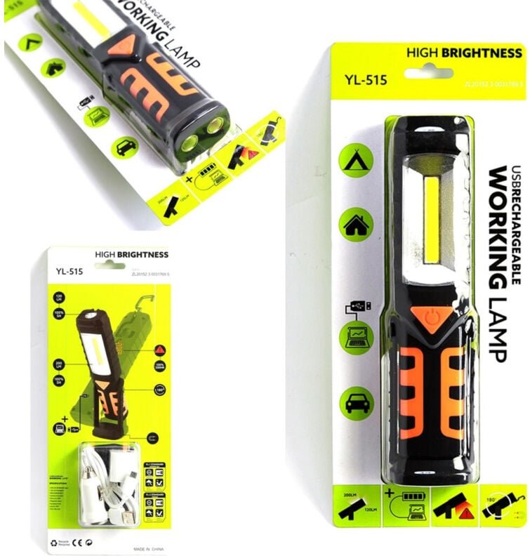 Trade Shop - Tragbare, wiederaufladbare LED-Streifen-COB-Lampen-Taschenlampe – verstellbarer Sockel und Haken -