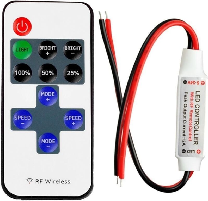 Aougo - Monochromer LED-Streifenregler mit kabelloser RF-Fernbedienung, 5–24 v, 12 a, Mini-LED-Streifen-Dimmer-Controlle...