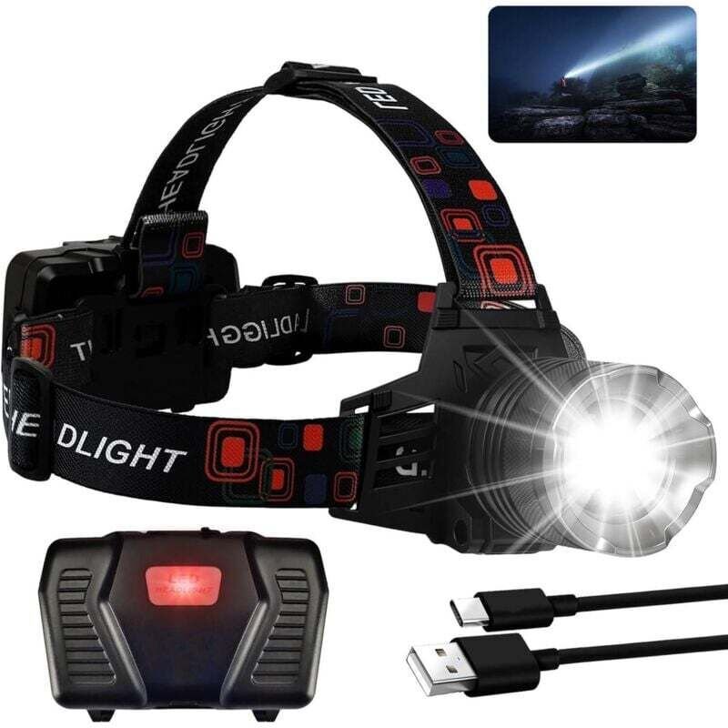 Ulisem USB-C wiederaufladbare LED-Stirnlampe, 3 Modi, Stirnlampe mit Sensor, 2400 mAh Akku, Zoom, IP65 wasserdicht, 90° ...
