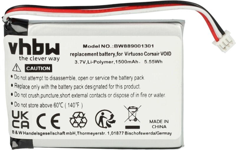 Vhbw - Akku Ersatz für Corsair CA-9011127-NA, 603450, AEC524050, MH45908 für Wireless Headset Kopfhörer (1500 mAh, 3,7 v...