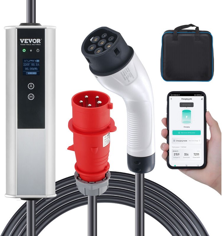 Vevor Typ2 ev Ladekabel für Elektrofahrzeug 32A Ladegerät mit cee 32 Stecker Wallbox 7,36kW(einphasig)/22kW(dreiphasig) ...