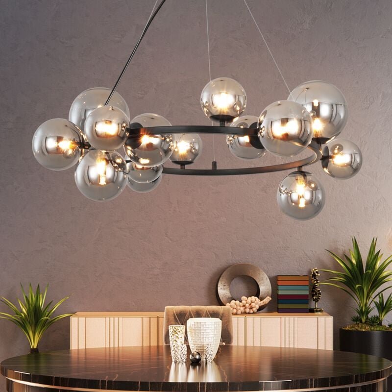 Pendelleuchte Glas Hängelampe Wohnzimmer - Hängeleuchte 14 Flammig G9 Esstischlampe Groß Esszimmer Rauchgrau Kronleuchte...