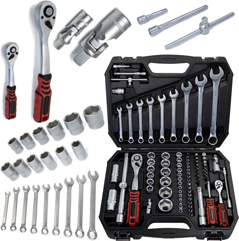 Werkzeugset, Schraubenschlüssel, Steckschlüssel, Bits, 82-teilig, Koffer