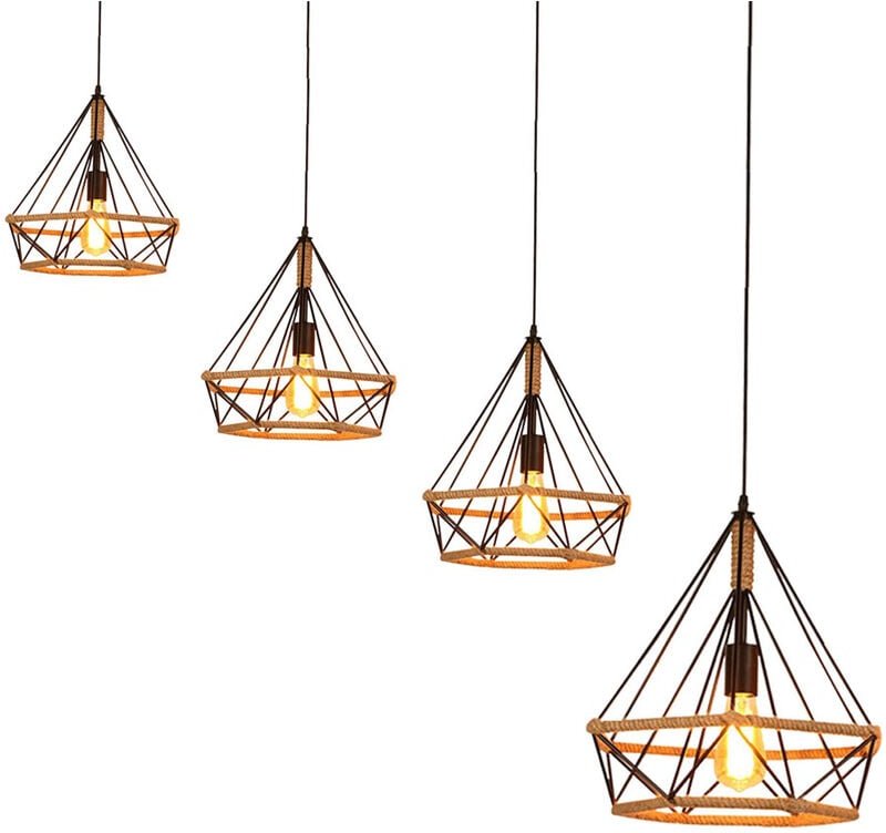 Pendelleuchte Hanf Seil Hängelampe mit Käfig Ø25cm Diamant Form Lampen im Industri Stil für für Wohnzimmer Esszimmer Sch...