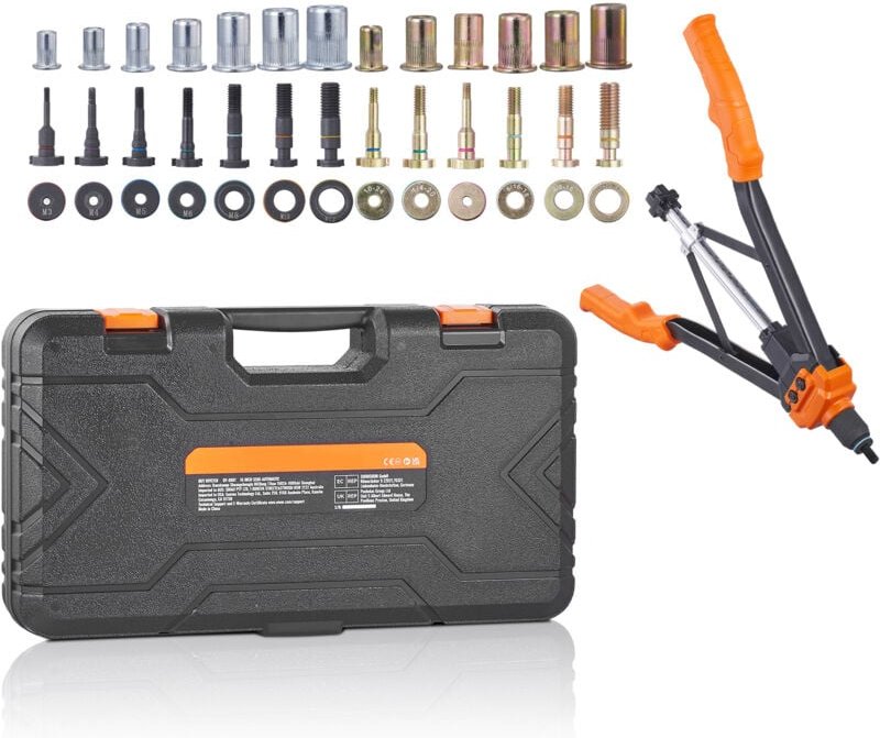 Mophorn 16-Zoll-Nietmuttern-Werkzeugsatz mit 13 metrischen und SAE-Dornen, 186 Nietmuttern, M3–M12, halbautomatischer Rü...