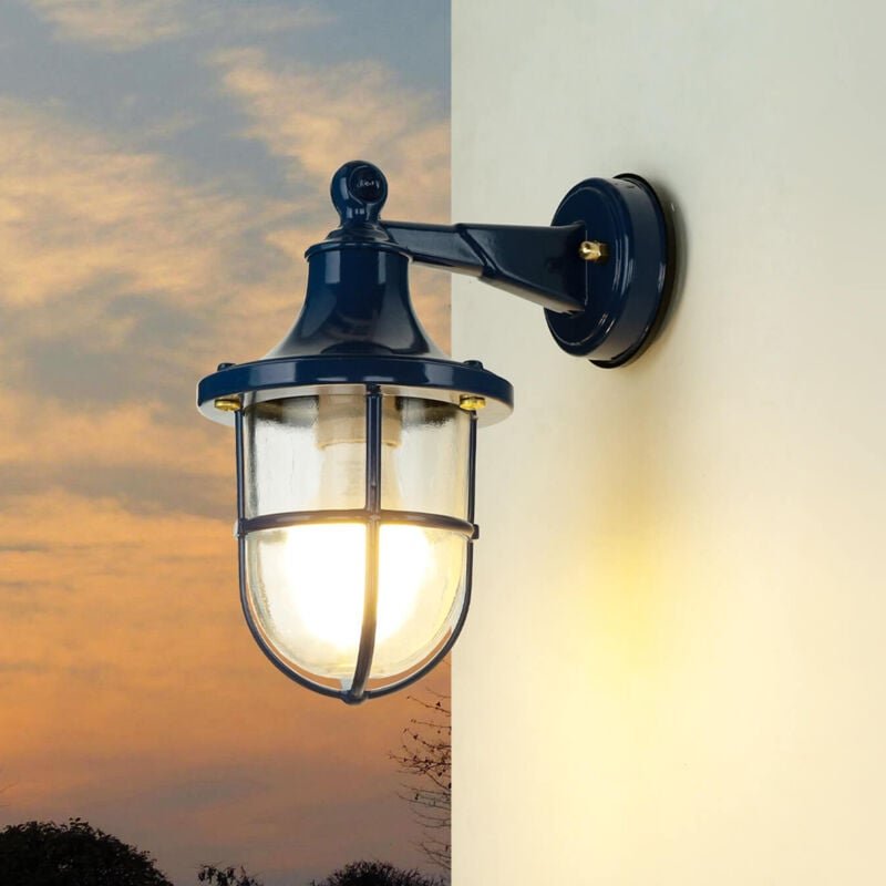 Licht-erlebnisse - Wandlampe außen IP64 Blau E27 Glas Messing Maritim Außenleuchte