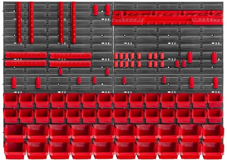 Werkstattwandregal, Wandplatten, 116 x 78 cm, Rot, 89 tlg. - Kadax