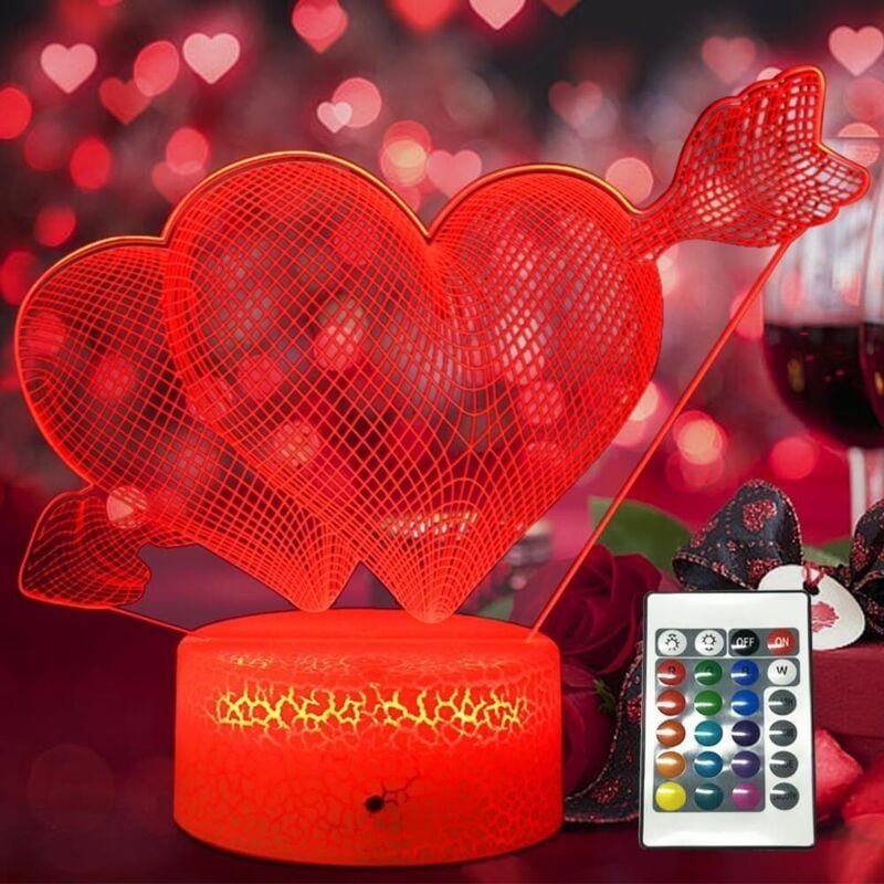 Kcvv - Liebes-Nachtlicht für Kinder, Fernbedienung, 16 Farbwechsel, dimmbar, 3D-Illusion, Nachttischlampe, LED-Lampe, Sc...