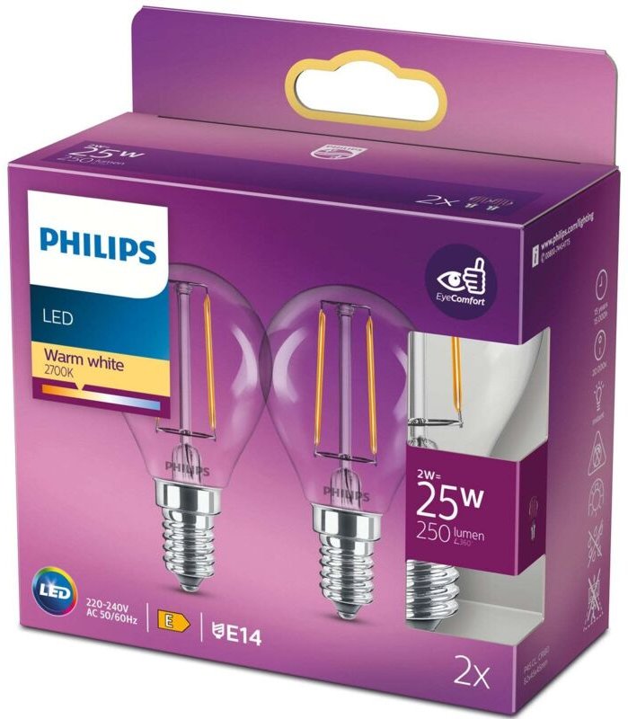 Philips - 2er pack led e14 globe 2w 25w klar 250lm