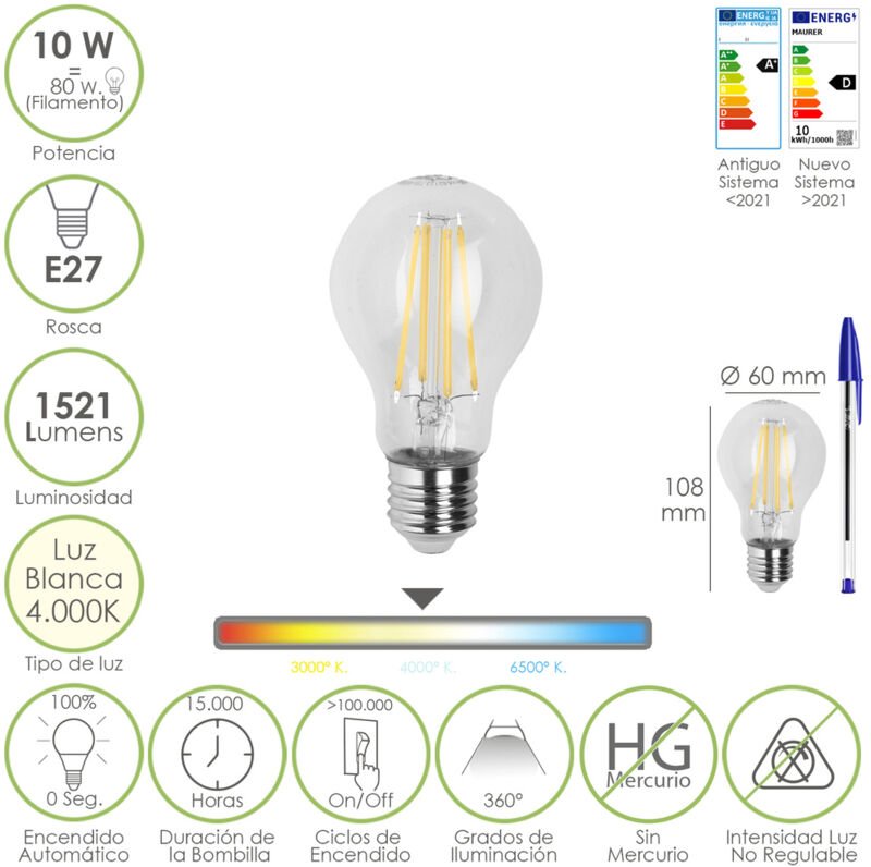 Maurer - Bombilla Led Filamento Standar Rosca E27. 10 Watt. Equivale a 80 Watt. 1521 Lumenes. Luz Neutra 4000º k.