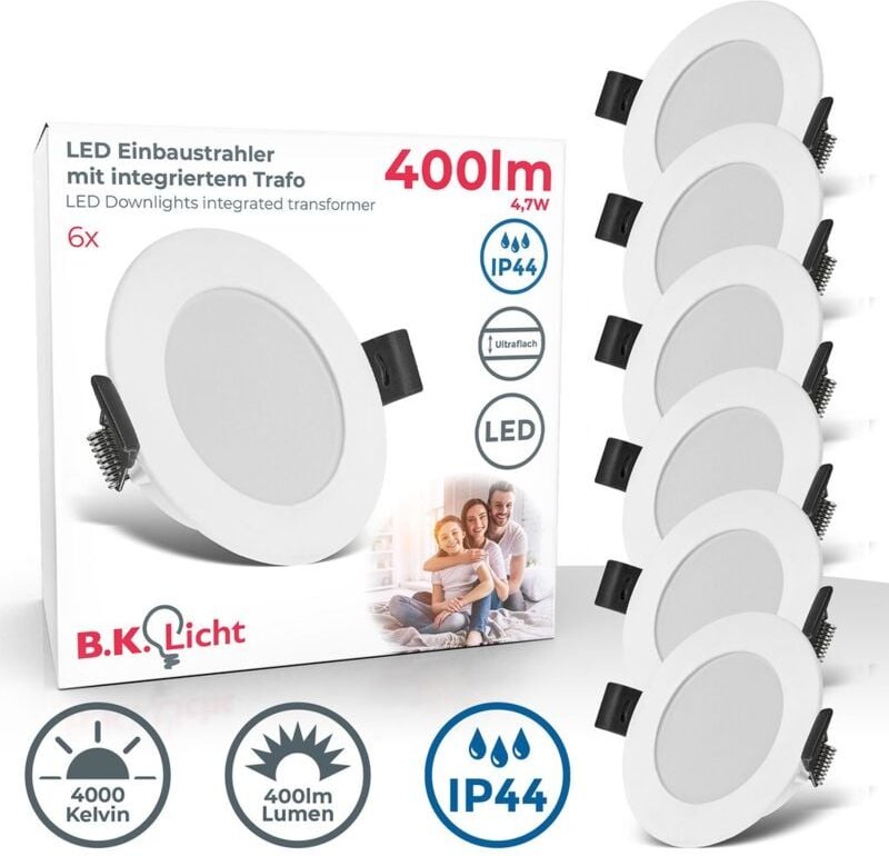 B.k.licht - Einbaustrahler 68mm 6er Set - 230V, 4W, 346lm, led, IP44, neutralweiß, weiß