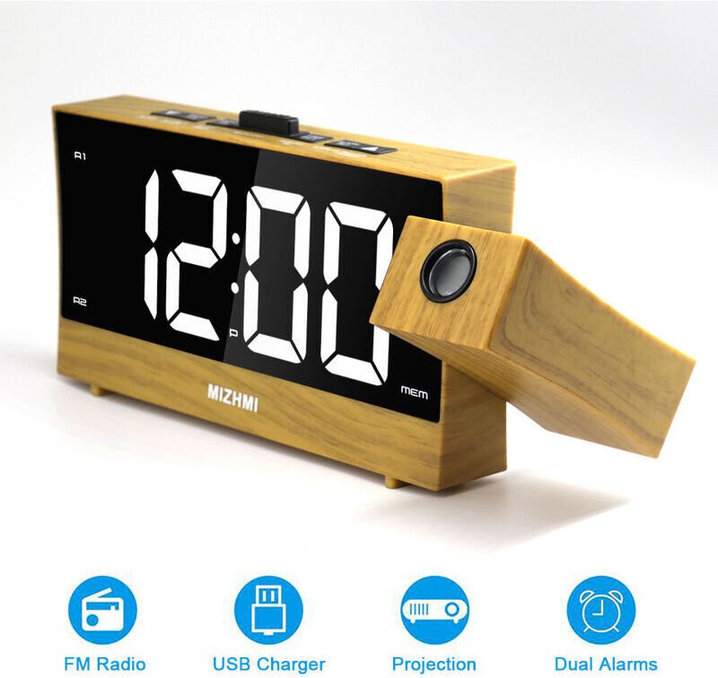Projektionswecker für Schlafzimmer mit Innen- und Außentemperaturanzeige, Dual-Alarm, mehrfarbige Hintergrundbeleuchtung...
