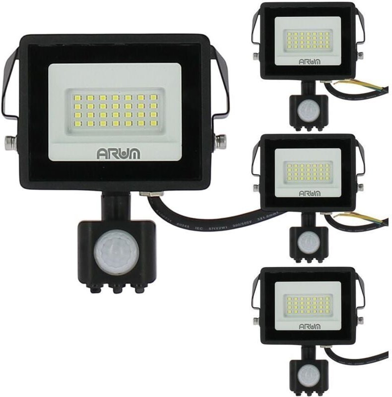 Set mit 4 20W led Strahlern Schwarz IP44 Bewegungsmelder Farbtemperatur: Kaltes Weiß 6000K