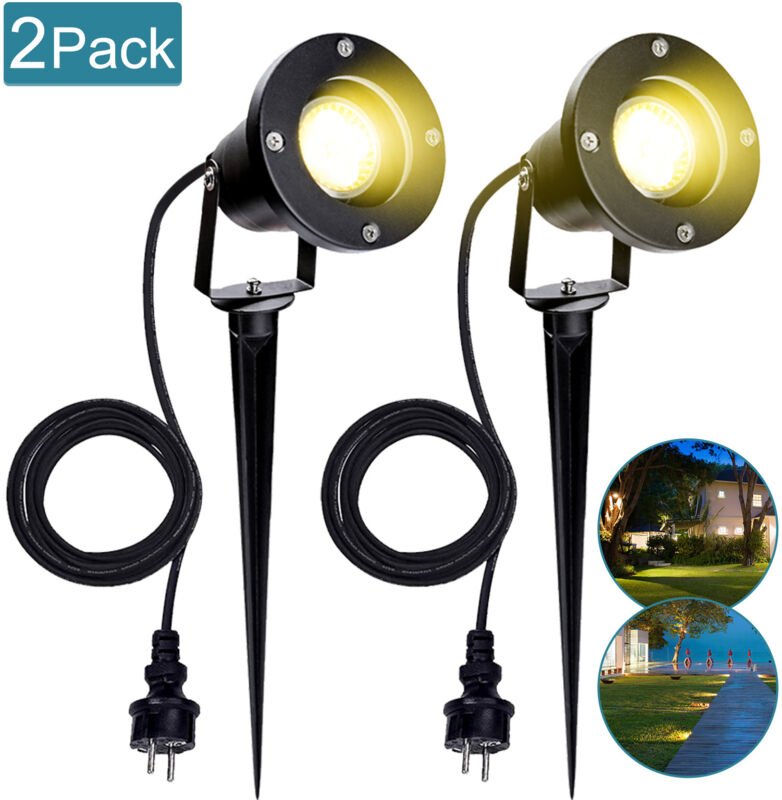Swanew 2er pack Gartenstrahler mit Stecker&Erdspieß, 4w GU10 led Warmweiß, IP65 Wasserdicht Außen-Gartenbeleuchtung für ...