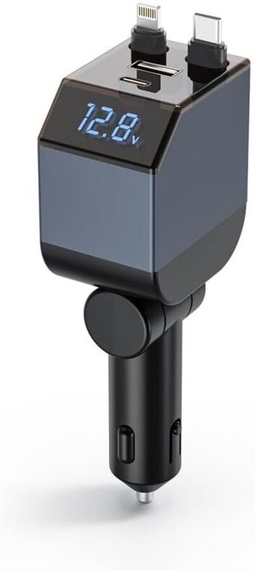 4-in-1-USB-C-Autoladegerät, PD30W-Schnellladung, einziehbare Doppelkabel, LED-Voltmeter, Handy-Ladegeräte, für iOS, Andr...