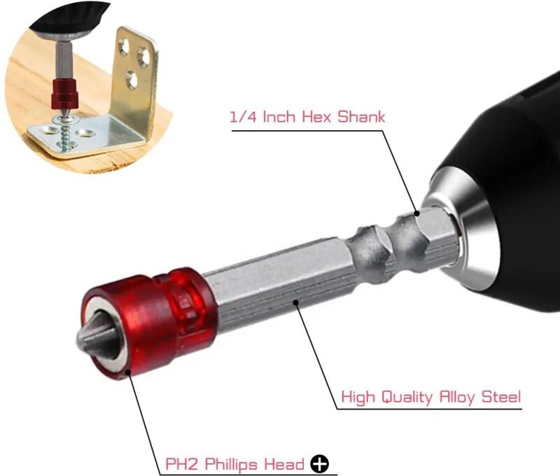 PH2 Magnetischer Kreuzschlitzschraubendreher-Bit mit 1/4-Zoll-Sechskantschaft und Ringhalterung für Heimwerkerarbeiten, ...