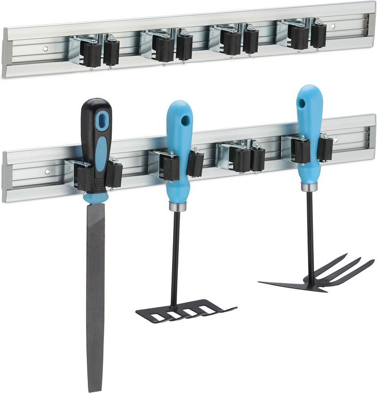 Gerätehalter Wandhalterung, 2er Set, Besenhalter Wand, je 4 Wandklemmen, für Gartengeräte, Aluminium, silber - Relaxdays