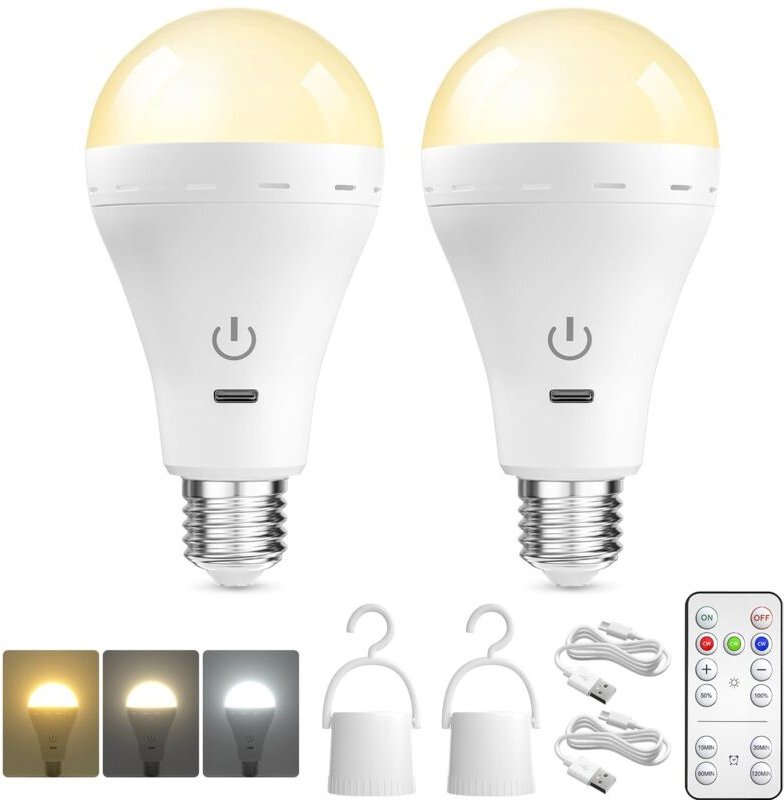 E27 USB-wiederaufladbare Glühbirne mit Fernbedienung, LED-Glühbirne, wiederaufladbarer Akku, dimmbar, 3 Farbtemperaturen...