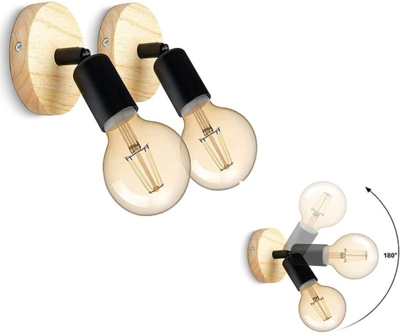 Vintage Wandleuchten für den Innenbereich, aus Holz, drehbar, 180°, Retro-Industrie-E27-Wandleuchten (2er-Set)