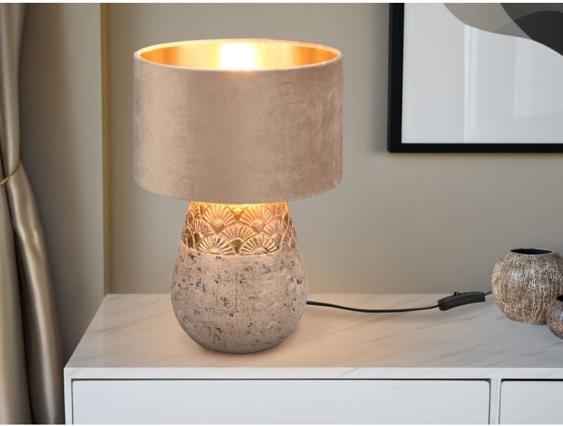 Meinewunschleuchte - led Tischleuchte Keramikfuß Grau mit Samtschirm Beige Gold, Höhe 38cm