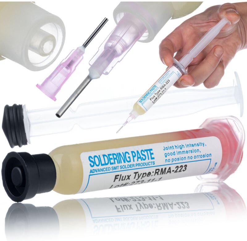 Flussmittel RMA-223 mit einem Kolben und einer Nadel