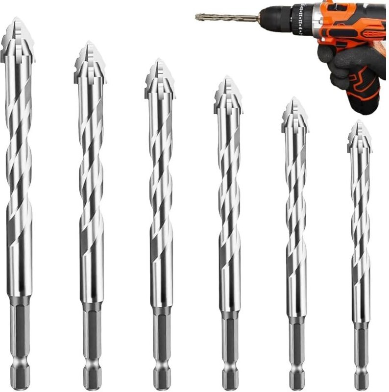 6-teiliges Exzenterbohrer-Set, Glas- und Fliesenbohrer, Hartmetallbohrer, 4/5/6/8/10/12 mm Exzenterbohrer, 1/4"-Sechskan...
