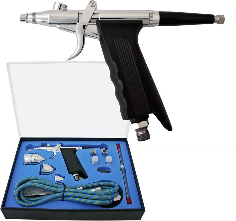 Airbrush Pistole Set Typ 116AK mit Double Action Funktion, Nadel und Düse ø 0,2-0,5 mm, 3 Farbbecher, Adapter für Modell...